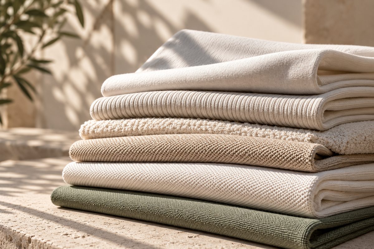 Stack of Peruvian knit and woven fabrics / Telas de punto y plano peruanas