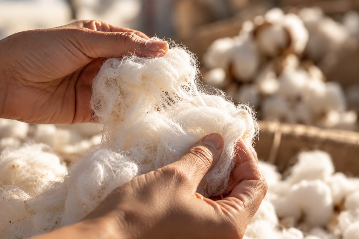 Hands inspecting raw Peruvian cotton fiber / Manos revisando fibra de algodón